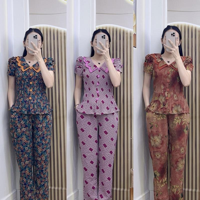 [Quần dài] Set bộ dập ly cổ sơmi lượn sóng 2 tầng chất mango mêm nhẹ mát ko nhăn Nhung Kem Áo dobo tay ngan Voi Sen lụa size nữ Women do boxinh xinh❤️