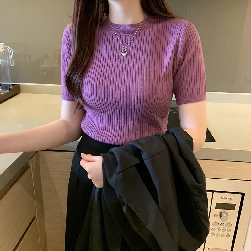 Baju Atasan Blaus Musim Panas, untuk Wanita, Gaya Korea, Leher Bulat, Lengan Pendek