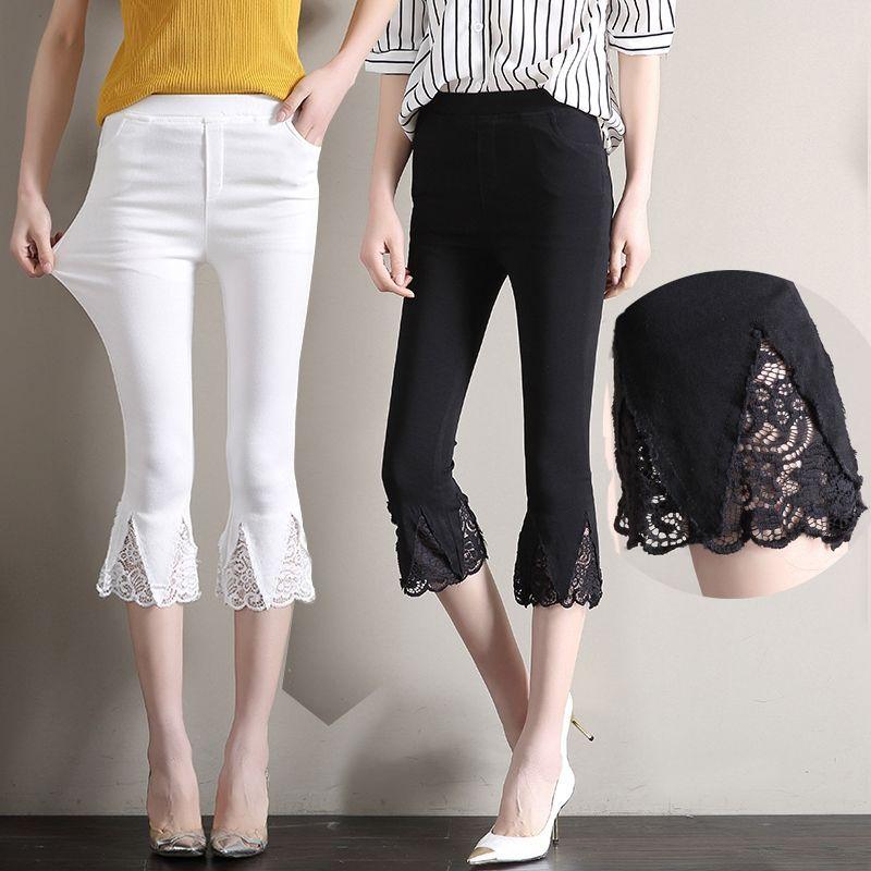 Quần lửng cho phụ nữ vào mùa hè, quần legging cạp cao mỏng và ngoại cỡ, quần legging co giãn ống loe ren, thích hợp cho chị gái mũm mĩm, trông mỏng Ong Trắng
