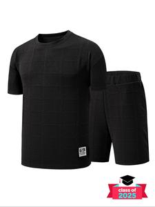 Men's Solid Color Textured Patched Design Tee & Slant Pocket Shorts Set, Loose Casual Round Neck Short Sleeve T-shirt & Shorts, Men's Summer Clothes