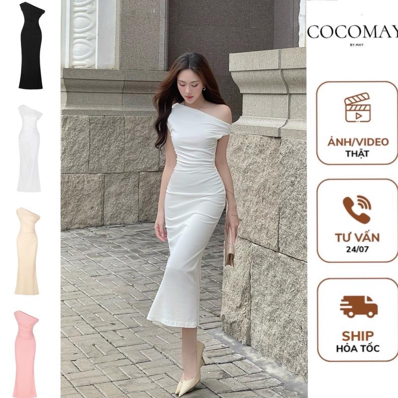COCOMAY Đầm lệch vai basic phong cách Parisian đơn giản thanh lịch 4 màu Đen - Đỏ - kem - trắng Nữ Women Dress Voi Nhung Màu Trắng Sen