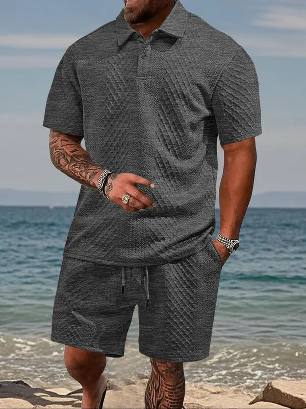 Men's Solid Shortsleeve Polo Shirt & Drawstring Waist Shorts Set, Casual Cozy Breathable Two-piece Outfits for Tropical Daily Outdoor Wear, Men Clothes for Summer Beach, Menswear, Summer Clothing Set 1