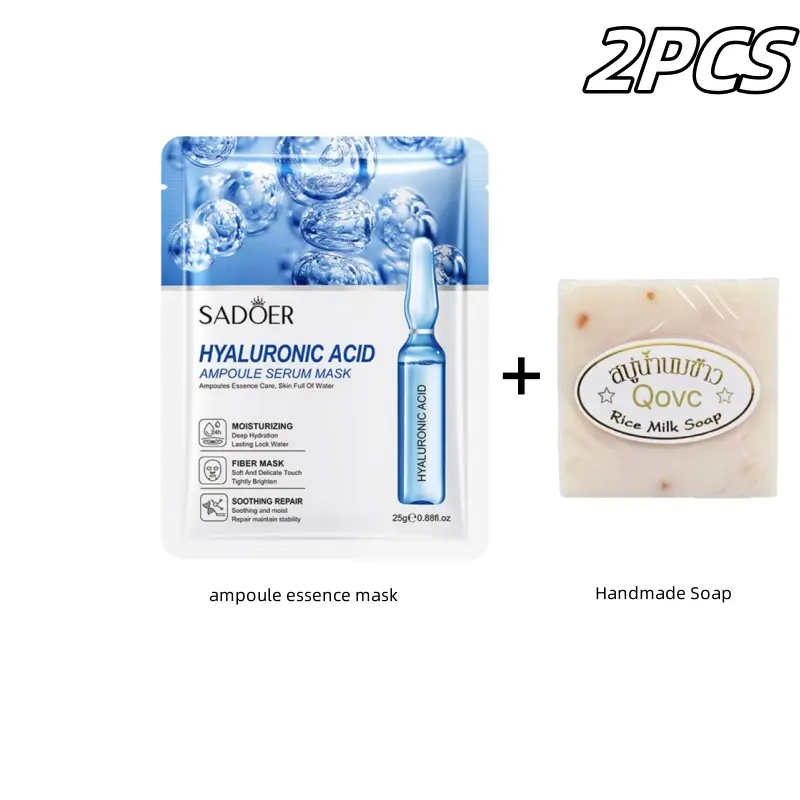 2PCS Hyaluronic Acid Moisturising & Repairing Essence Mask + Face & Bath Soap Oil Control Cleansing Rice Soap 65g