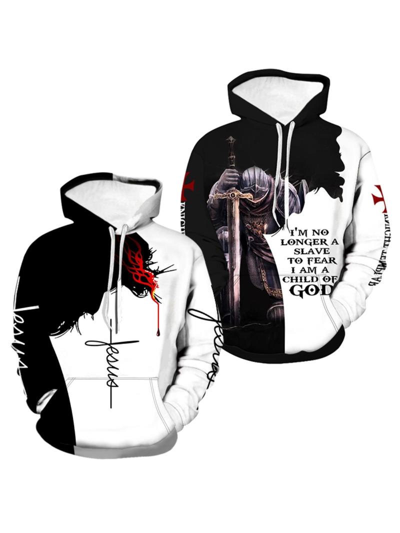 Product Introduction of Men's Regular Fit Knight & Skeleton Print Drawstring Hoodie, Casual Graphic Pocket Hoodie for Fall & Winter, Men's Top for Daily Wear 1