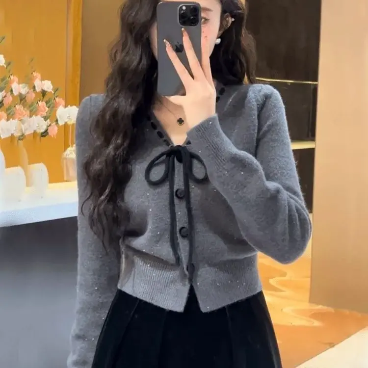 Áo Len Cardigan, Phong Cách Cổ Điển, Trang Phục Mùa Mùa Xuân, Quần Áo Nữ, Bộ Sưu Tập Đầu Xuân 2024 Mới, Áo Ngắn, Có Thể Mặc Làm Áo Sơ Mi