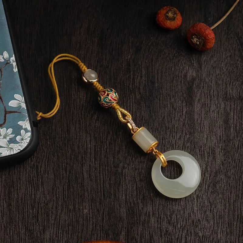 dây đeo điện thoại  Mobile Phone Pendant Hetian Jade Peace Buckle Phone Chain Lanyard Sterling Silver Ancient Gold Retro Chinese Style Mobile Phone Pendant for Men and Women Chuỗi trang trí điện thoại 1