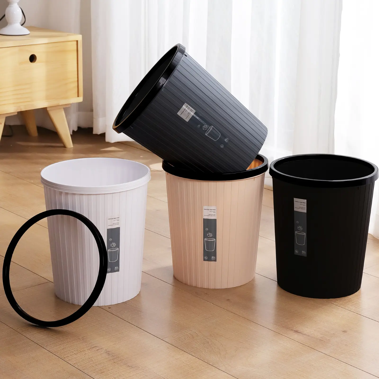 Thùng Rác Có Vòng Áp Suất, Không Nắp, Nhựa, Tiết Kiệm Không Gian, Cho Nhà Bếp, Phòng Tắm, Phòng Khách, Thùng Rác Sọc Cho Cuộc Sống Hàng Ngày