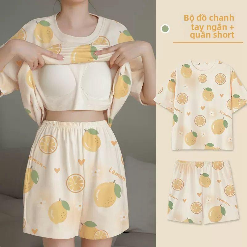 Bộ Đồ Ngủ, Vải Nảy Mềm, Tay Ngắn, Cổ Tròn, Có Áo Ngực Tích Hợp, Dành Cho Phụ Nữ Và Phụ Nữ, In Hình Hoạt Hình Dễ Thương, Thiết Kế Mặt Cười, Quần Đùi ngắn Tay, Bộ Đồ Mặc Nhà, Hàng Có Sẵn Sẵn Để Gửi 1