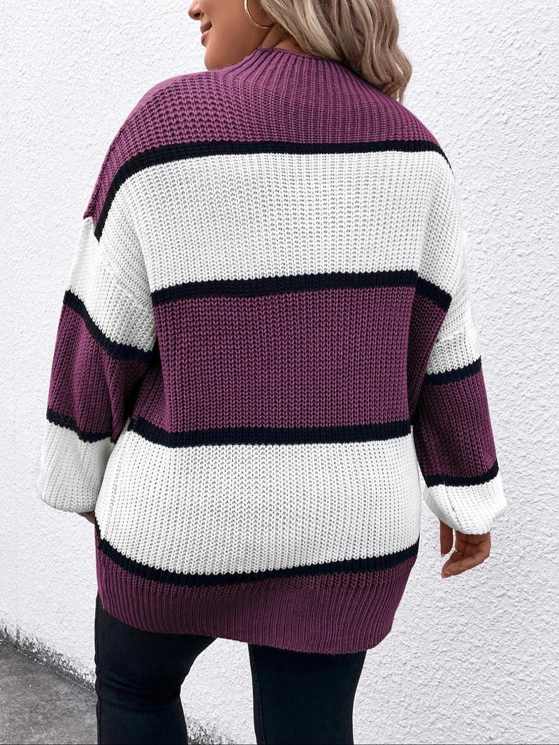 Product Introduction of 【Plus Size】 Colorblock Striped Print Drop Shoulder Sweater Pullover, Casual Chic Long Sleeve Round Neck Jumper for Fall & Winter, Women's Plus Clothing for Daily Wear 11