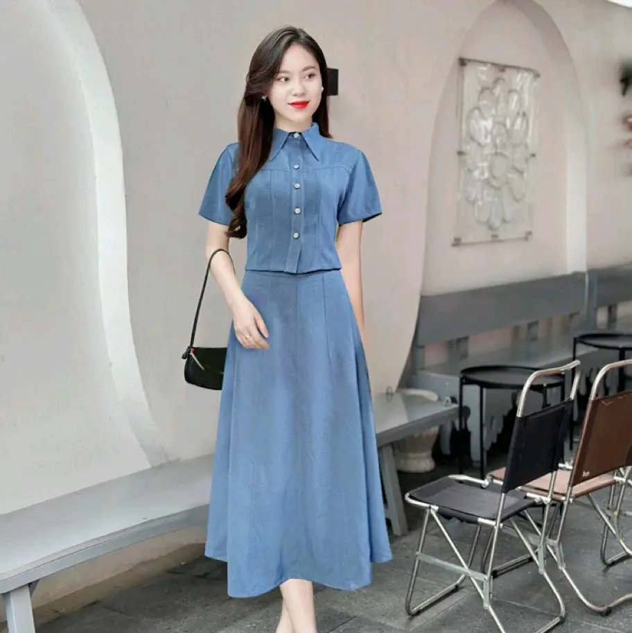 Set váy rời chân váy xòe dài áo sơ mi Nữ Nhung