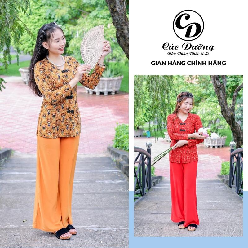  Bộ Quần Áo Bà Ba Dài Tay Cổ Tim Nút Thiều Xẻ Tà Hoa Văn Điệu Đà Quần Trơn Ống Rộng Đi Chùa Đi Du Xuân 