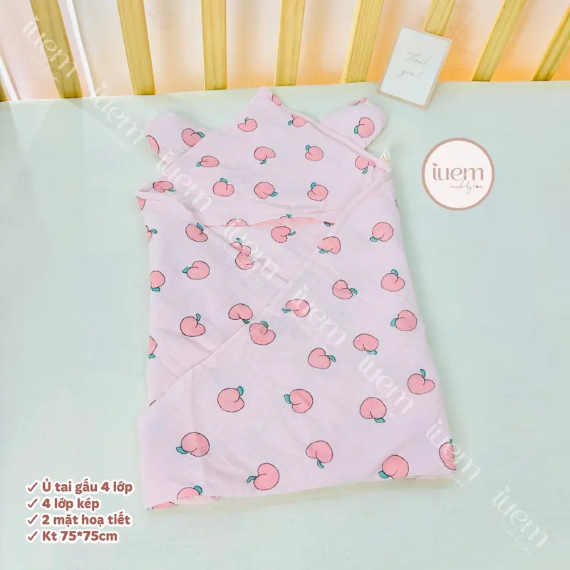 iuem Ủ choàng tai gấu kích thước 75*75cm, 4 lớp kép,  quấn ủ bảo vệ cho bé sơ sinh, ủ mềm mát, nhẹ thoáng, kết hợp làm khăn tắm cho bé 8
