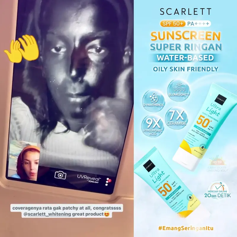 Oily Skin Friendly Scarlett Whitening Ultra Light Daily Sunscreen SPF 50+ PA++++ [Water Based] Meresap 20an Detik (Super Ringan) dengan 7X Ceramide 9X Hyaluronic Acid & No Whitecast Sunblock Wajah 2