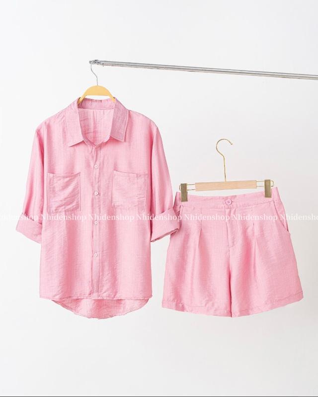 bộ đũi nữ - áo sơ mi dài tay + quần đùi sang chảnh Voi Women Nhung Top 5