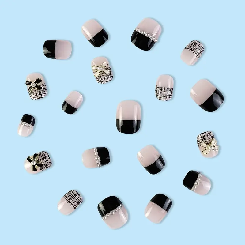 24pcs 3D Bow Decor Fake Nails & 1 Sheet Tape & 1 Count Nail File & 1 Count Stick, Faux Pearl Decor Press On Nails For Women & Girls DIY Nail Art, Elegant Stick On Nails Kit 4