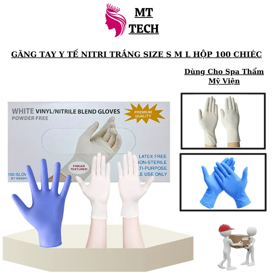 Hộp 100 Chiếc Găng Tay Cao Su Nitrile Trắng Không Bột Chuyên Dùng Trong Spa, Thẩm Mỹ