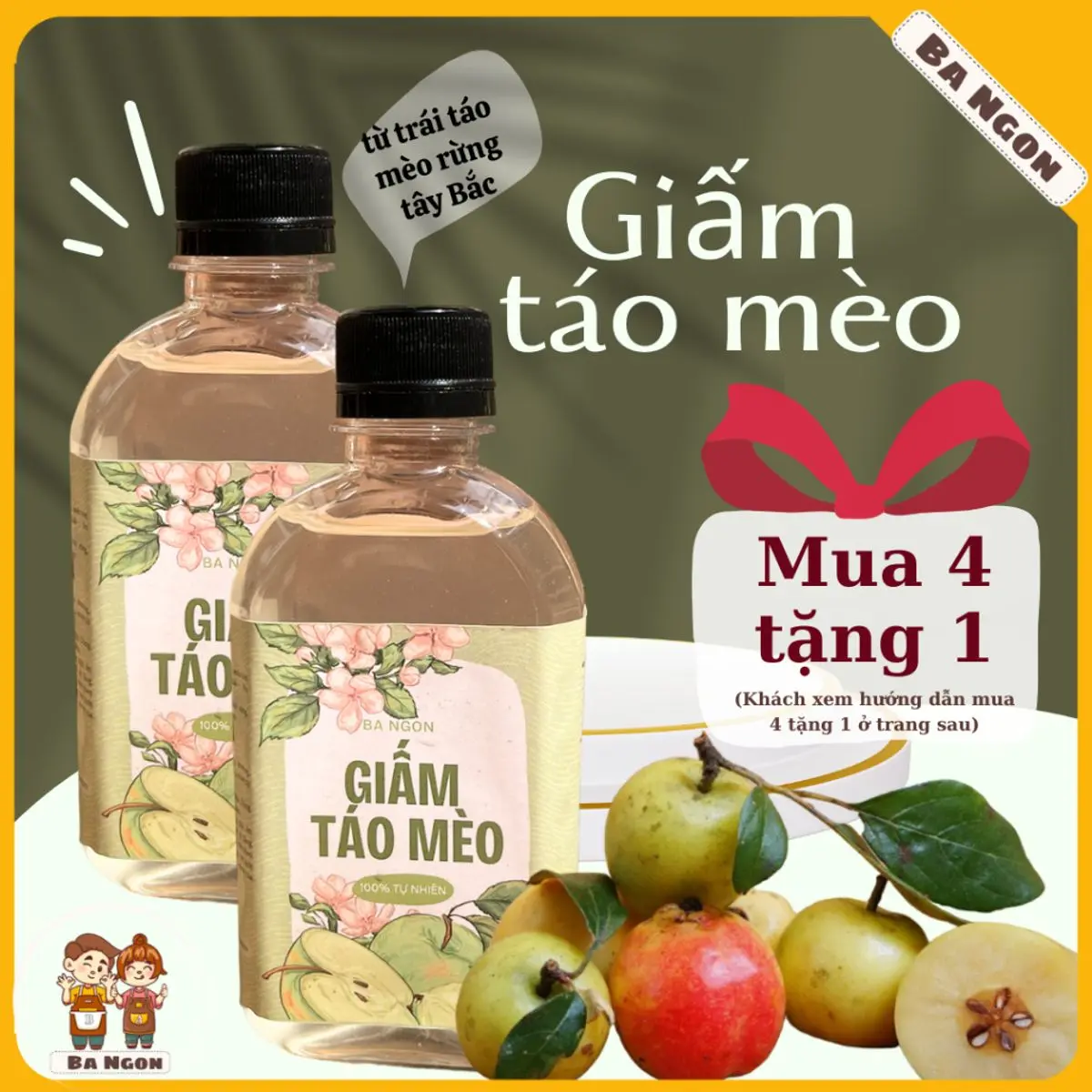 Giấm Táo Mèo Hàng Việt Nam BA NGON - Không Chất Bảo Quản, Nguyên Liệu Nhập Khẩu Rõ Ràng