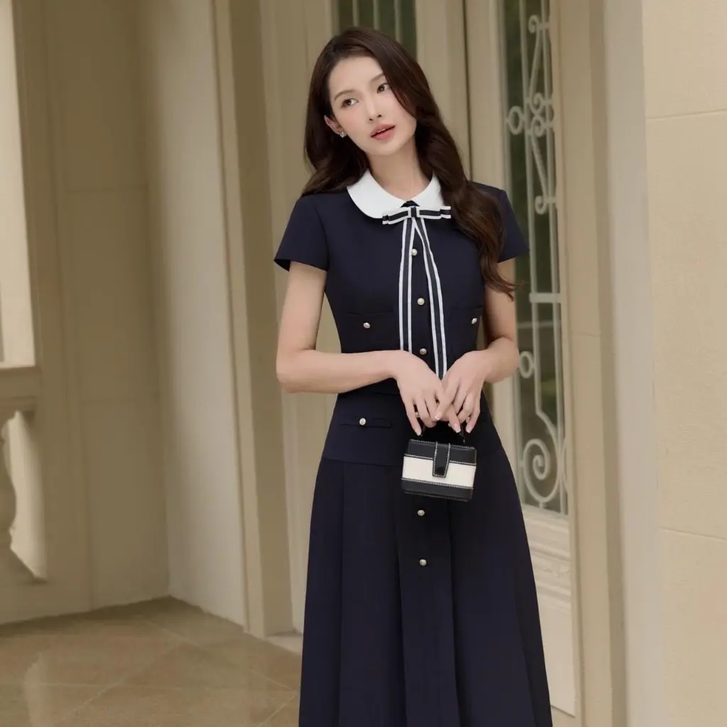 [Flash Sale]  Set Đồ Nữ Tiểu Thư Áo Cổ Sen Thắt Nơ Kèm Chân Váy Dài Xinh Xỉu - LS00104