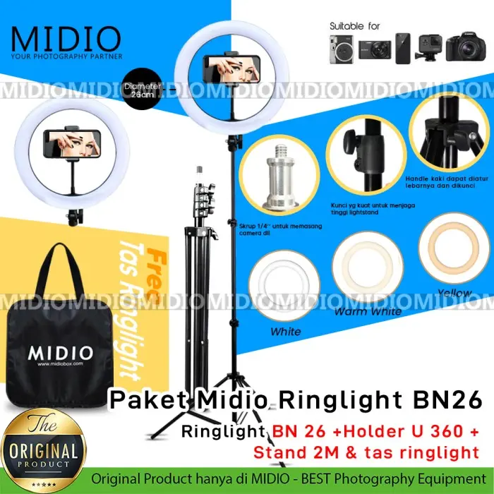 Ring Light BN26 Midio 26cm USB + Stand 2M untuk Live Streaming Vlogger + Holder U & Ball Head 0