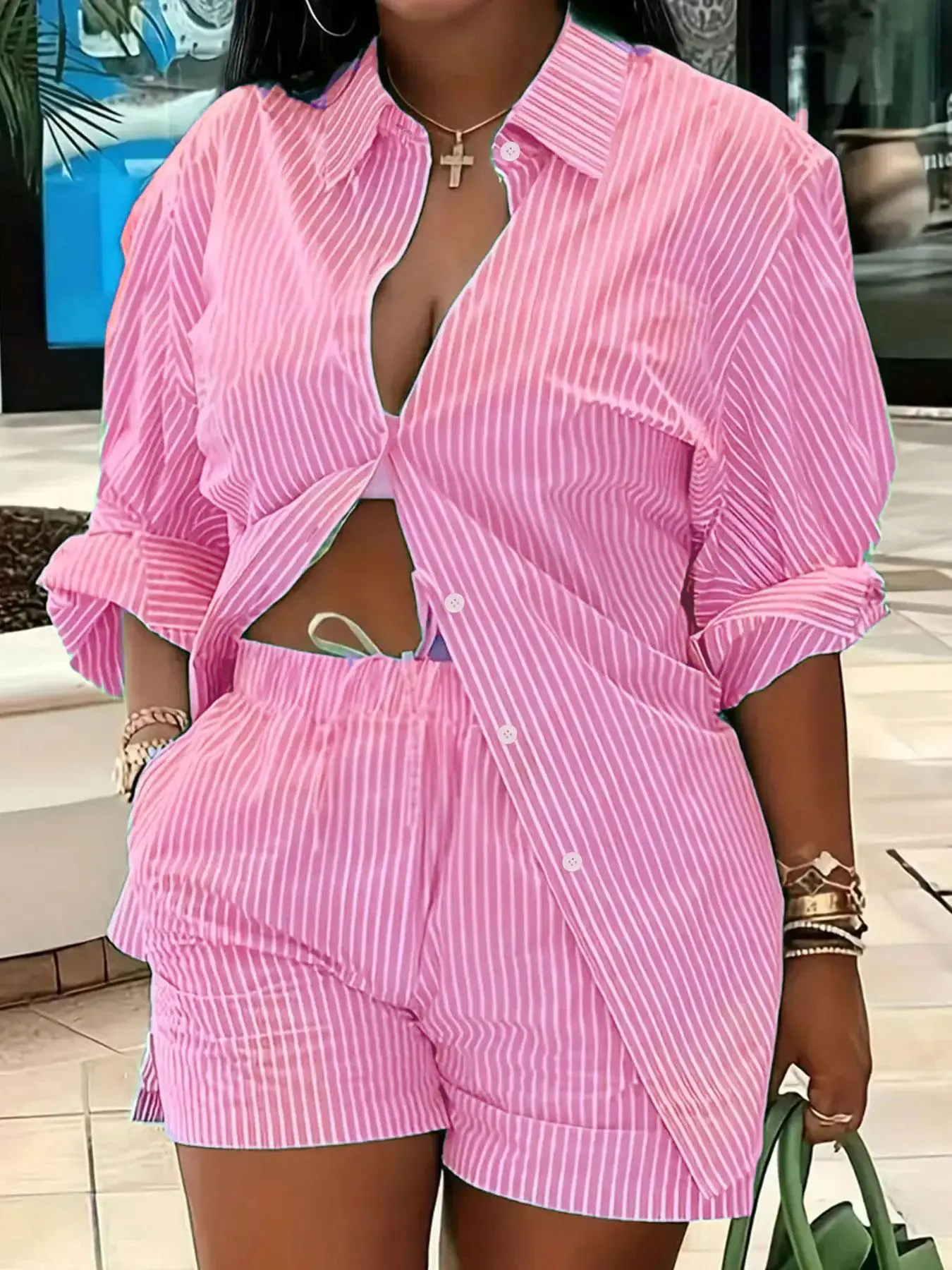【Plus Size】 Two-Piece Set Striped Print Button Front Shirt & Elastic Waist Shorts Set, Casual Drop Shoulder Long Sleeve Top & Pocket Shorts, Women's Spring & Fall Lounge Outfits