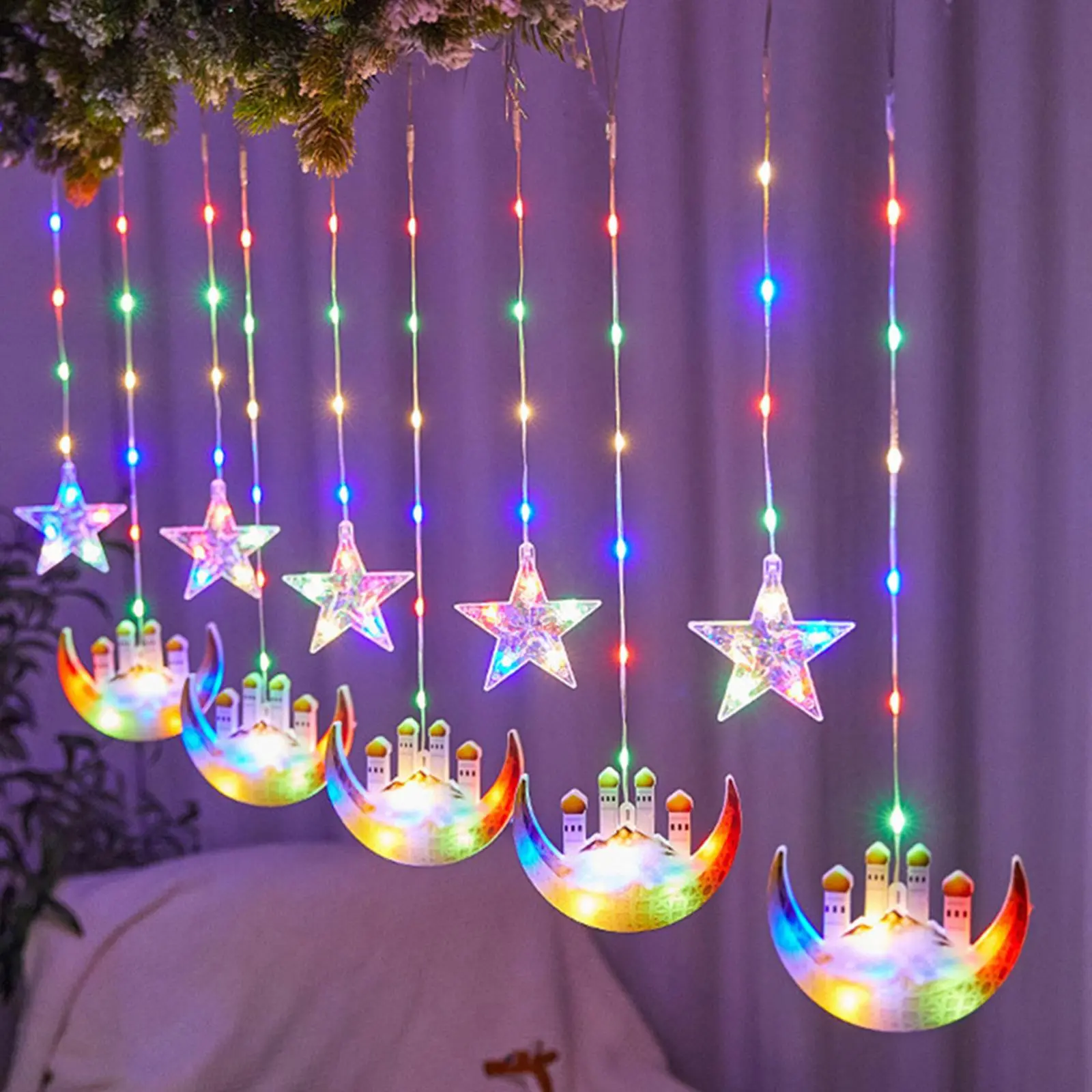 4M LED Star Curtain Decorative Light, Moon Castle Colorful Light Flashing Light String, Ambient Light for Gift, Star Moon Palace Castle Painted Leather Line