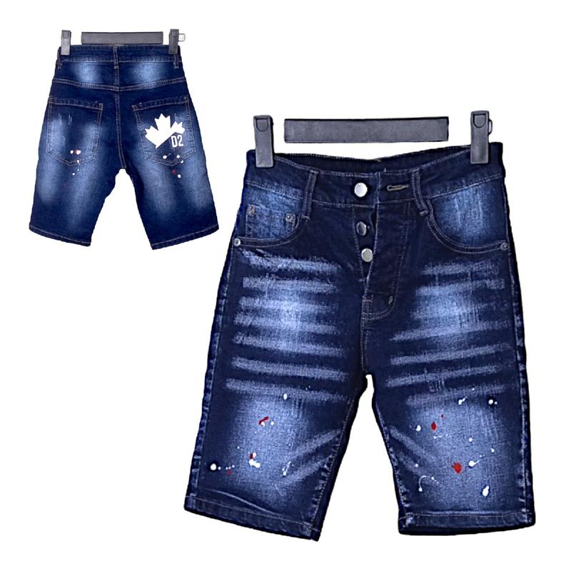 quần short jeans co giãn Ôm gọn Màu xanh đậm  in lá phong trắng 4 khuy Menswear Cotton Nam Có Túi Pants quần dsq