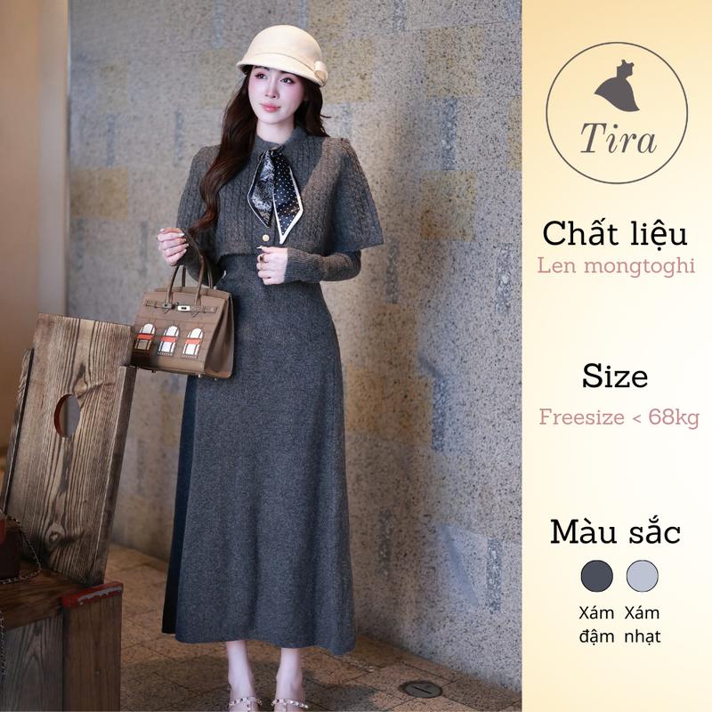   Tira Mama Design M477 Set váy len bầu Set váy len bo eo dáng xòe phối áo choàng kèm khăn lụa đi tiệc sang 