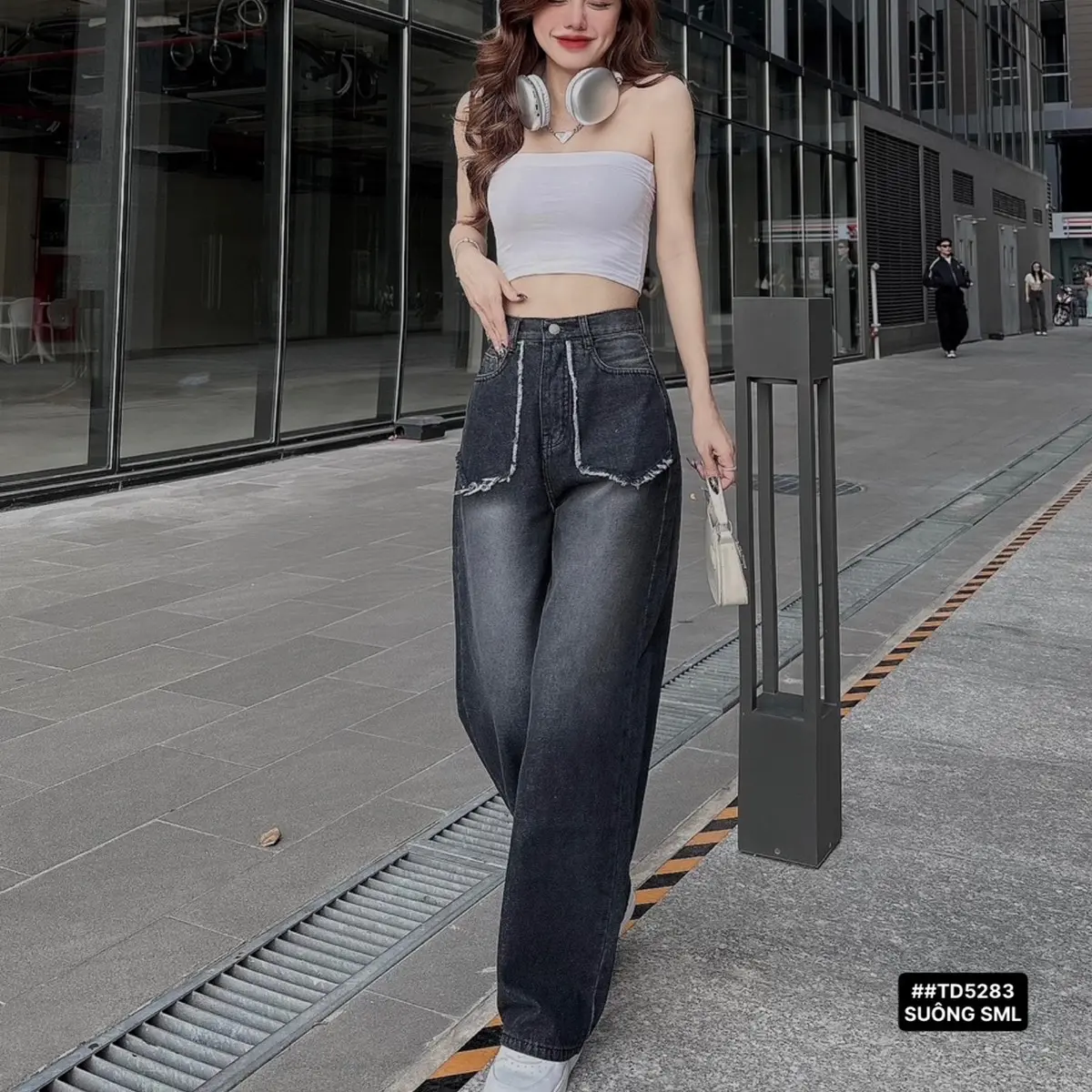LN5283 Jeans Suông Ống Rộng Vải QCCC Cạp Siêu Cao Phối May Viền Túi Trước Màu Đen Xám Cho Nữ Che Khuyết Điểm Women Quần