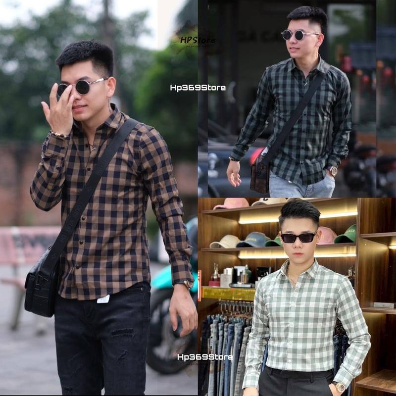 Áo Sơ Mi Sọc Caro Vàng Xanh To Cotton Mềm Nam Menswear Shirt Có Cổ