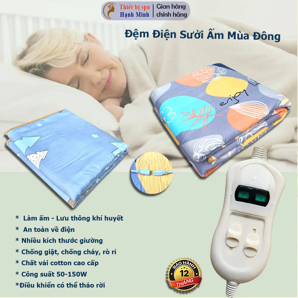 Đệm Điện Sưởi Ấm Dùng Cho Gia Đình, Chất Liệu Nỉ-Cotton, Đủ Các Kích Thước Giường. BH 1 năm-Công suất tối đa 150W. Máy sưởi, chăn điện