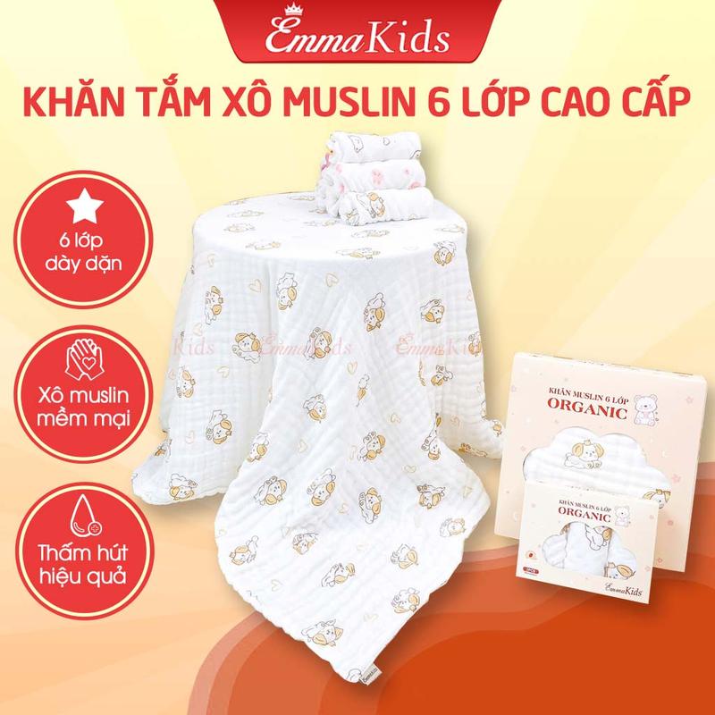 Khăn Tắm Xô Muslin Cao Cấp 6 lớp Emmakids, Khăn Tắm Đa Năng Mềm Mại Thấm Hút Vượt Trội Cho Bé