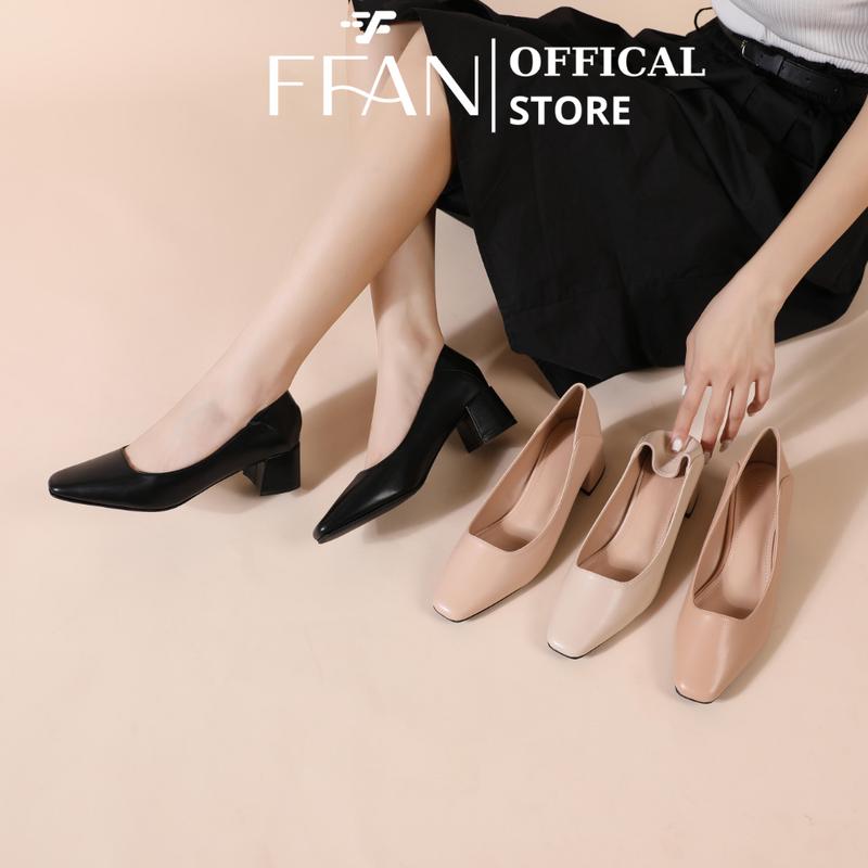 Giày cao gót nữ mũi vuông đế vuông da thật FFAN bít mũi 5 phân 9410B da mềm mại big size màu đen be hồng trắng
