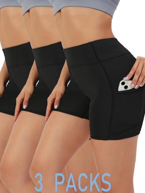 Women's 3pcs Plain Pocket High Waist Sports Short Leggings, Summer Clothes Women, Comfy Stretchy Seamless Skinny Solid Biker Shorts for Yoga Gym Workout, Ladies Sportswear Bottoms for Summer, Tummy Control, Athletic Shorts 4