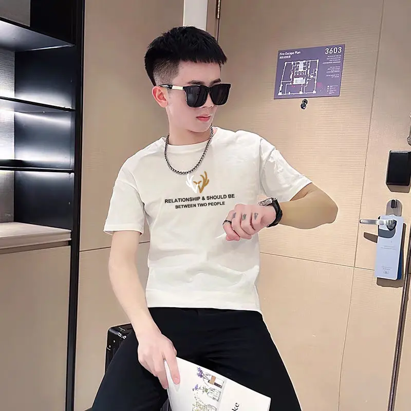 Áo Thun Ngắn Tay, Phong Cách Hàn Quốc, Dáng Ôm, In Hình, Tay Lửng, Dành Cho Nam Giới, Người Nổi Tiếng Trên Mạng Web Chàng Trai Thông Minh, Áo Lớp Cơ Sở Cổ Tròn, Mùa Hè 2024 Menswear Nhung 2