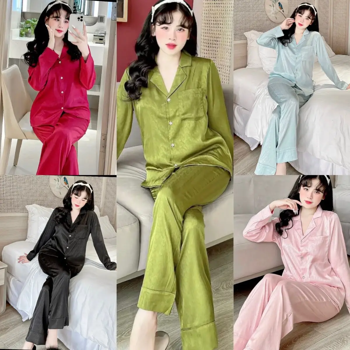 Set Bộ Xước Trơn tay dài quần dài vải lụa xước phom 40-60kg Nữ Áo