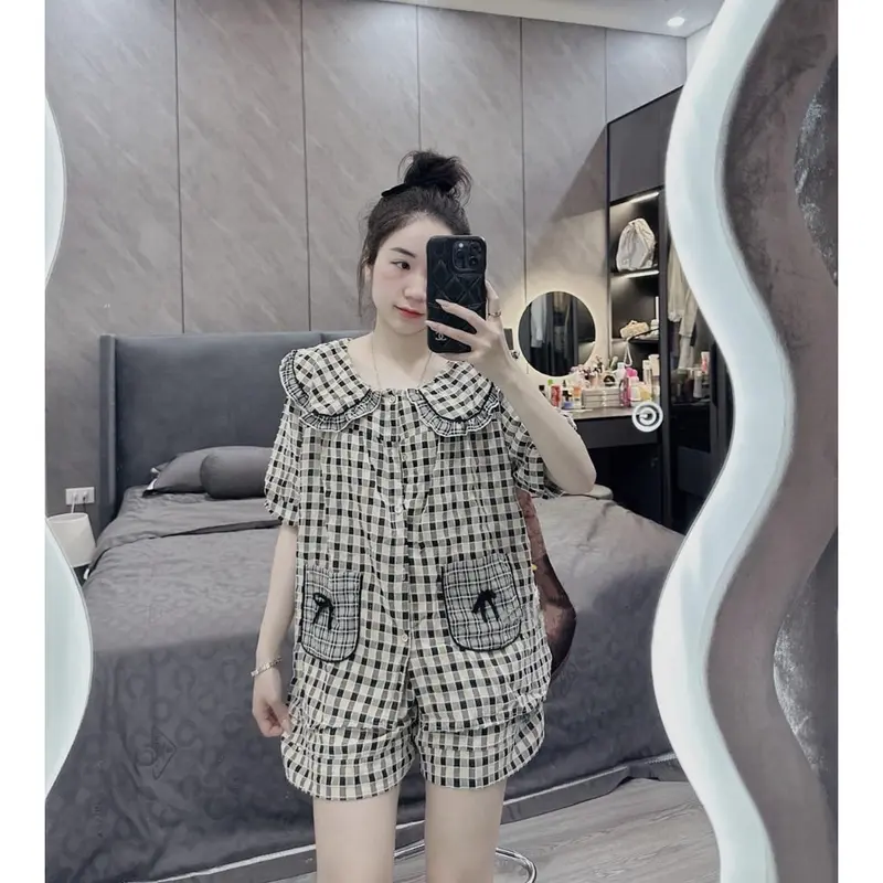 bộ ngủ pijama nữ mùa hè mặc nhà dễ thương  tiểu thư nữ quần đùi áo cộc đũi gân nhung sz(40-58) 4