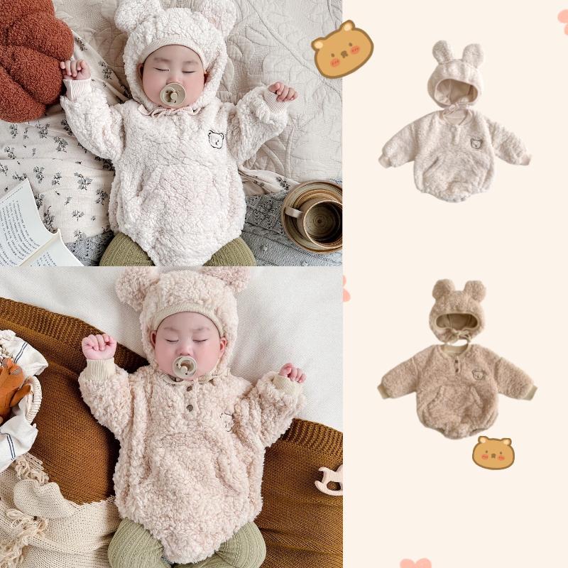 Áo Liền Quần Bông Cho Trẻ Sơ Sinh In Hình Gấu Nhồi Bông Áo Jumpsuit Quần Quần Áo Mùa Đông Áo Liền Quần Dài Tay Kèm Mũ Trang Phục Trẻ Em Dễ Thương Bộ Terno Hàng Mới Về