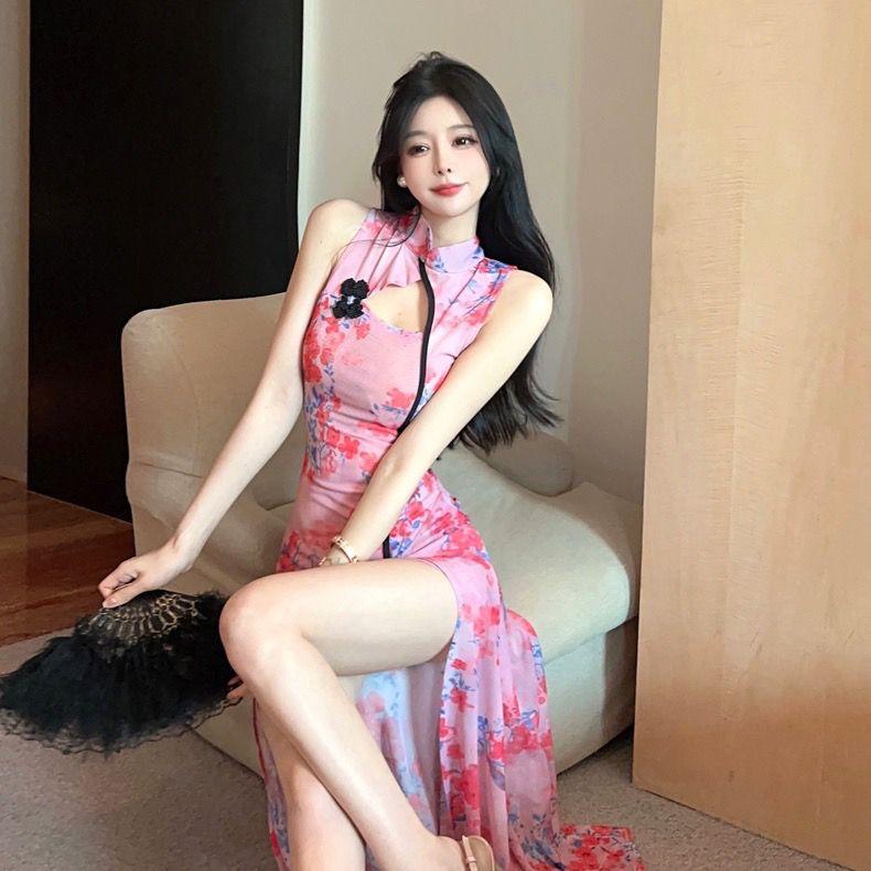Product Introduction of Váy Khiêu Vũ Phong Cách Trung Quốc Cổ Điển Mới, Sườn Xám Khoét Lỗ Váy Nút Ếch, Co Giãn, In Hình, Váy Xẻ Tà xòe Lớn 4