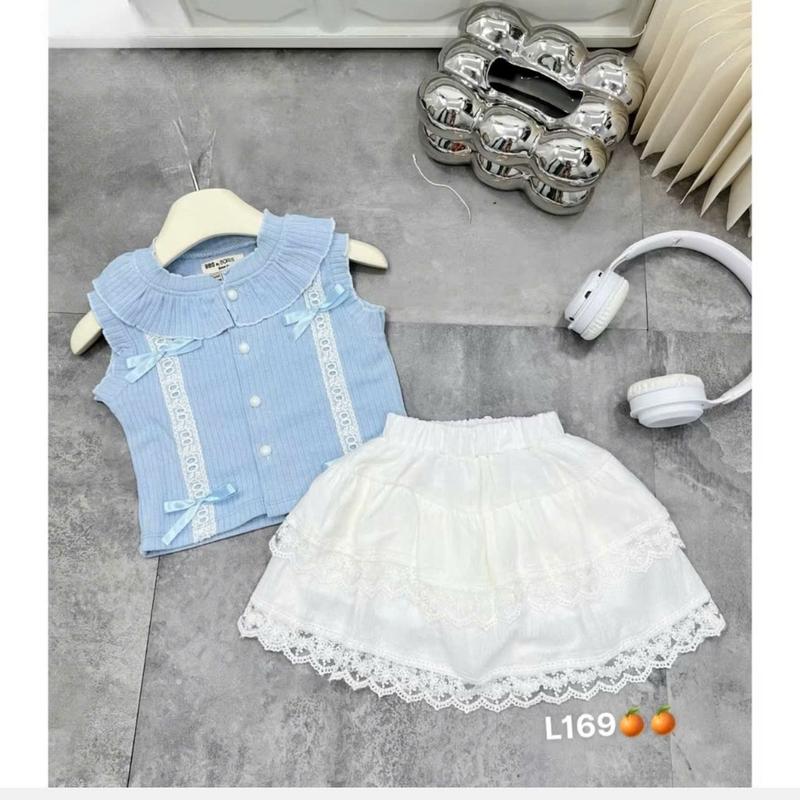 [5-18kg] a445-Set bộ bé gái áo XANH  nhúng mềm  thấm hút mồ hôi  kèm chân váy đũi ren 2 tầng cho bé gái mặc đi học, di chơi  [XMGY] 0