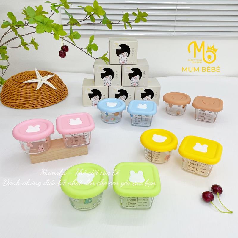  Cốc Thuỷ Tinh Nấu Cháo Cho Bé Ăn Dặm Hộp Trữ Đông Cho Bé Mumbebe Chất Liệu Cao Cấp Chịu Nhiệt Cao Kèm Nắp Đậy Silicon Có Vạch Chia ML Mamabu 