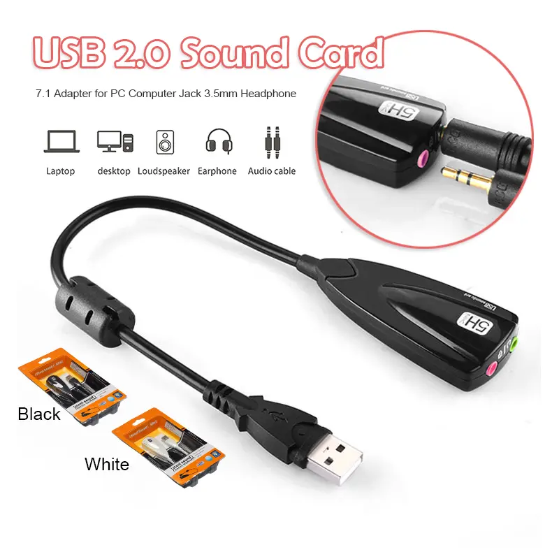 External USB 7.1 Sound Card to 3.5mm Jack 5HV2 Adapter USB to 3D CH, Antimagnetic Audio Microphone for Laptop PC PS4 D85