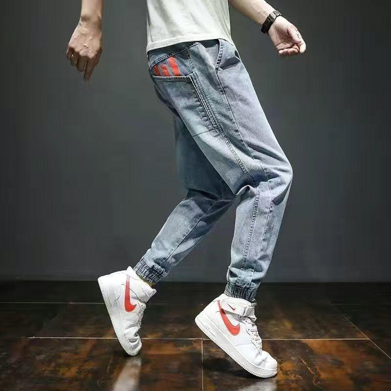 Men's jeans Korean trend summer style jeansloose light color casual workwear Harlan jeans loose stitching cropped trousers 6