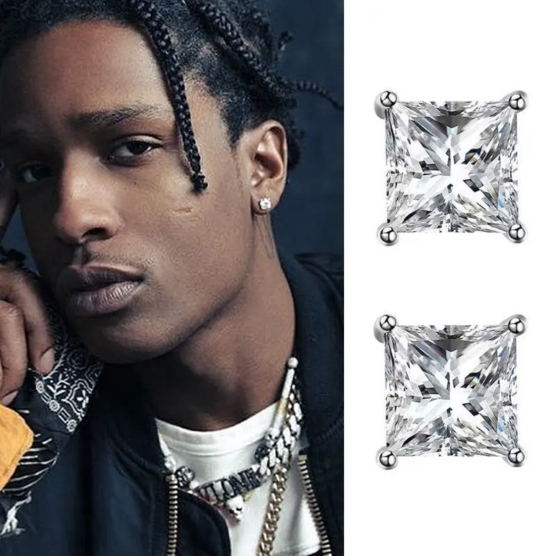 2PCS Square Silver Earrings Zircon Stud Stainless Diamond Earrings for Women Ear Studs for Men