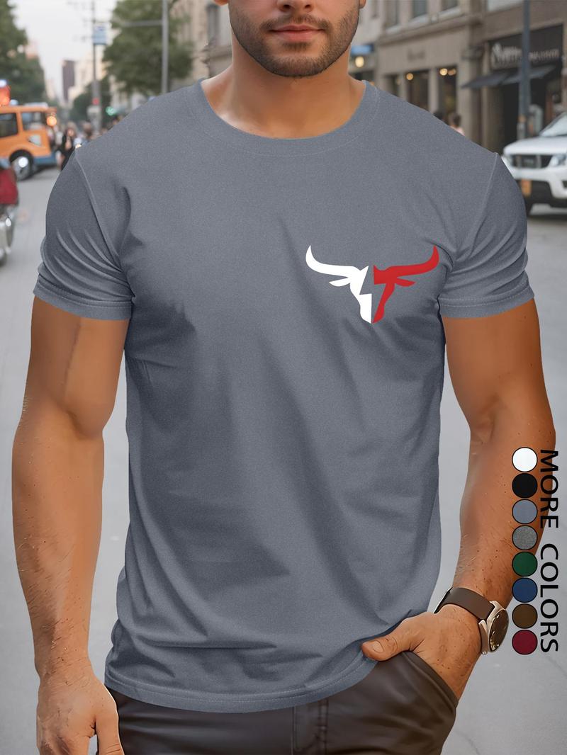 Product Introduction of Men's Regular Fit Bull Head Print Round Neck Tee, Casual Short Sleeve Crew Neck T-shirt for Summer, Fashion Men's Top for Daily Wear 7