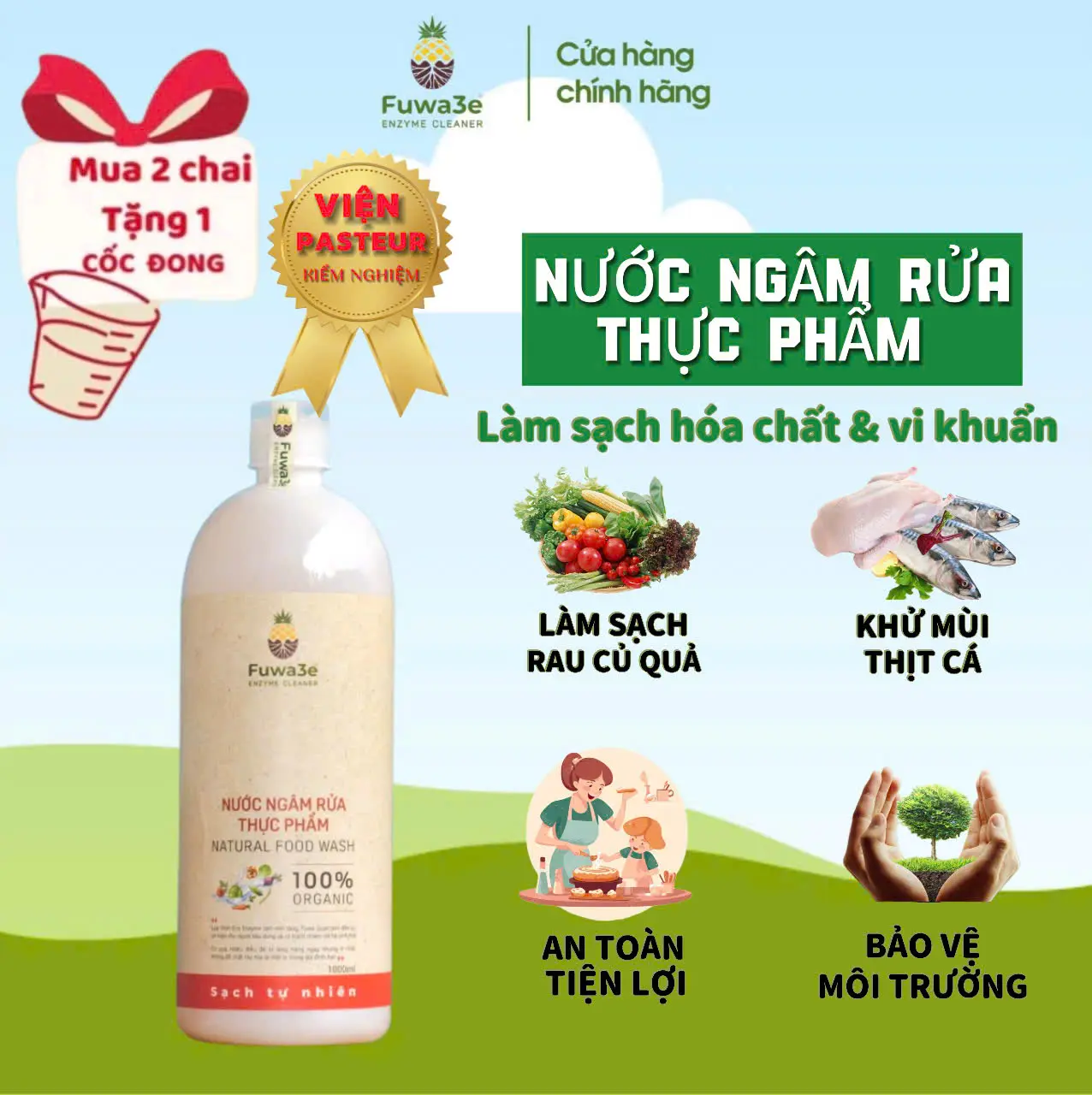 Nước Ngâm Rửa Thực Phẩm Fuwa3e chai 1L, Rửa rau của quả Loại bỏ chất thuốc sâu, khử mùi thịt cá, Làm Sạch tồn dư hoá chất, vi khuẩn