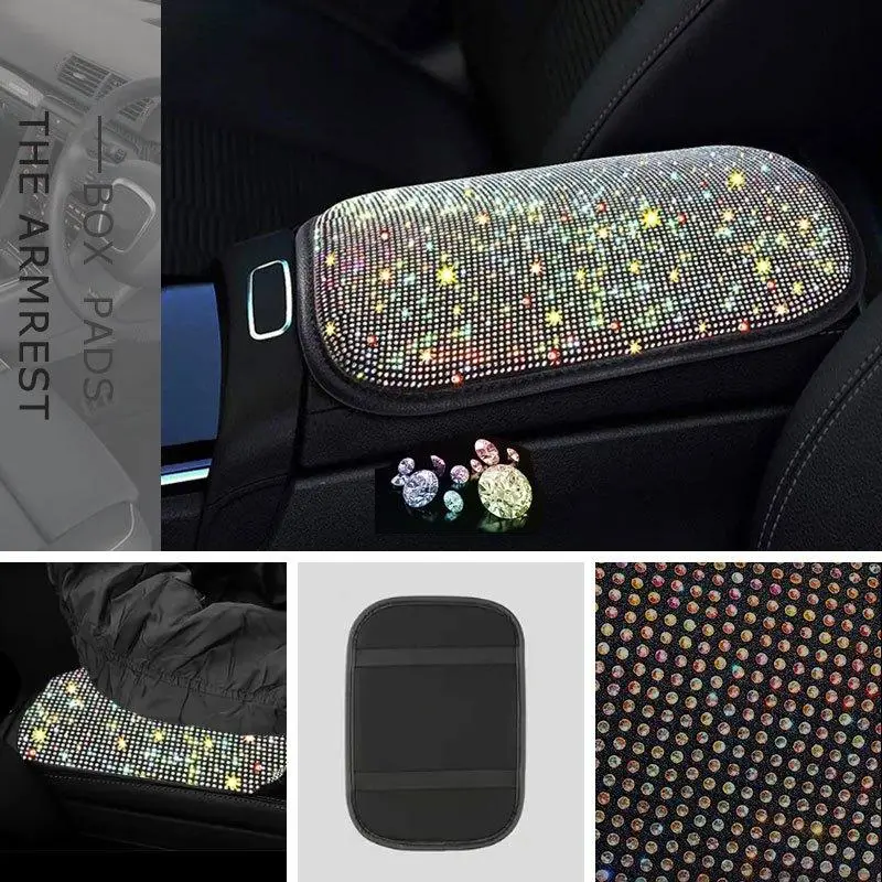 Rhinestone Car Interior Decoration Set (7pcs), Including Car Steering Wheel Cover, Armrest Box Mat, Gear Handle Cover, 2 Coaster & 2 Starting Ring 3