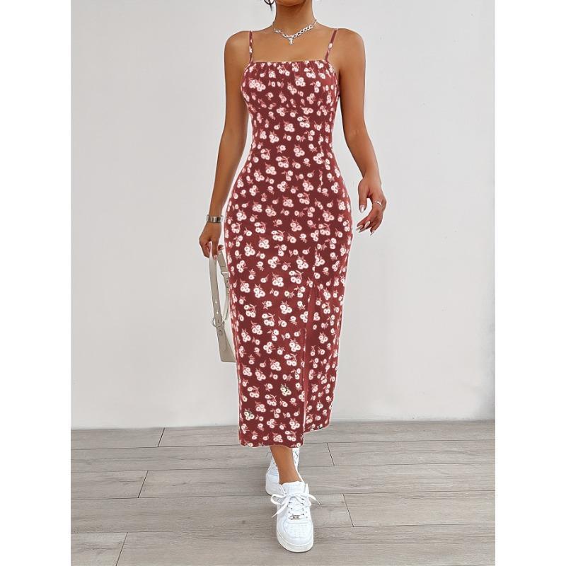 Floral Print Split Hem Cami Dress, Elegant Sleeveless Spaghetti Strap Dress For Spring & Summer, Women's Clothing Formal Womenswear Workwear Comfort 3