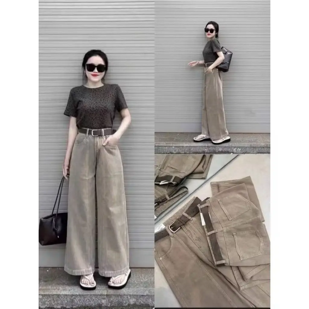 [ Hàng Có Sẵn ] Quần bò suông nâu tây gân giữa gấu to cạp cao phom dáng chuẩn dễ phối đồ chất liệu dày dặn không giãn size S M L XL | BigBuy360 - bigbuy360.vn