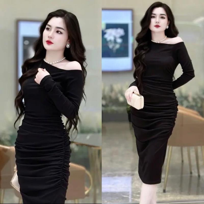 Đầm váy body nhún eo dáng dài thiết kế LỆCH VAI sang chảnh,ôm gọn siêu xinh Dress Đen