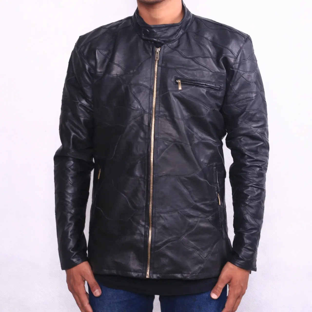 Jaket Kulit DOMBA Asli Model Sambungan Hitam Tebal Casual